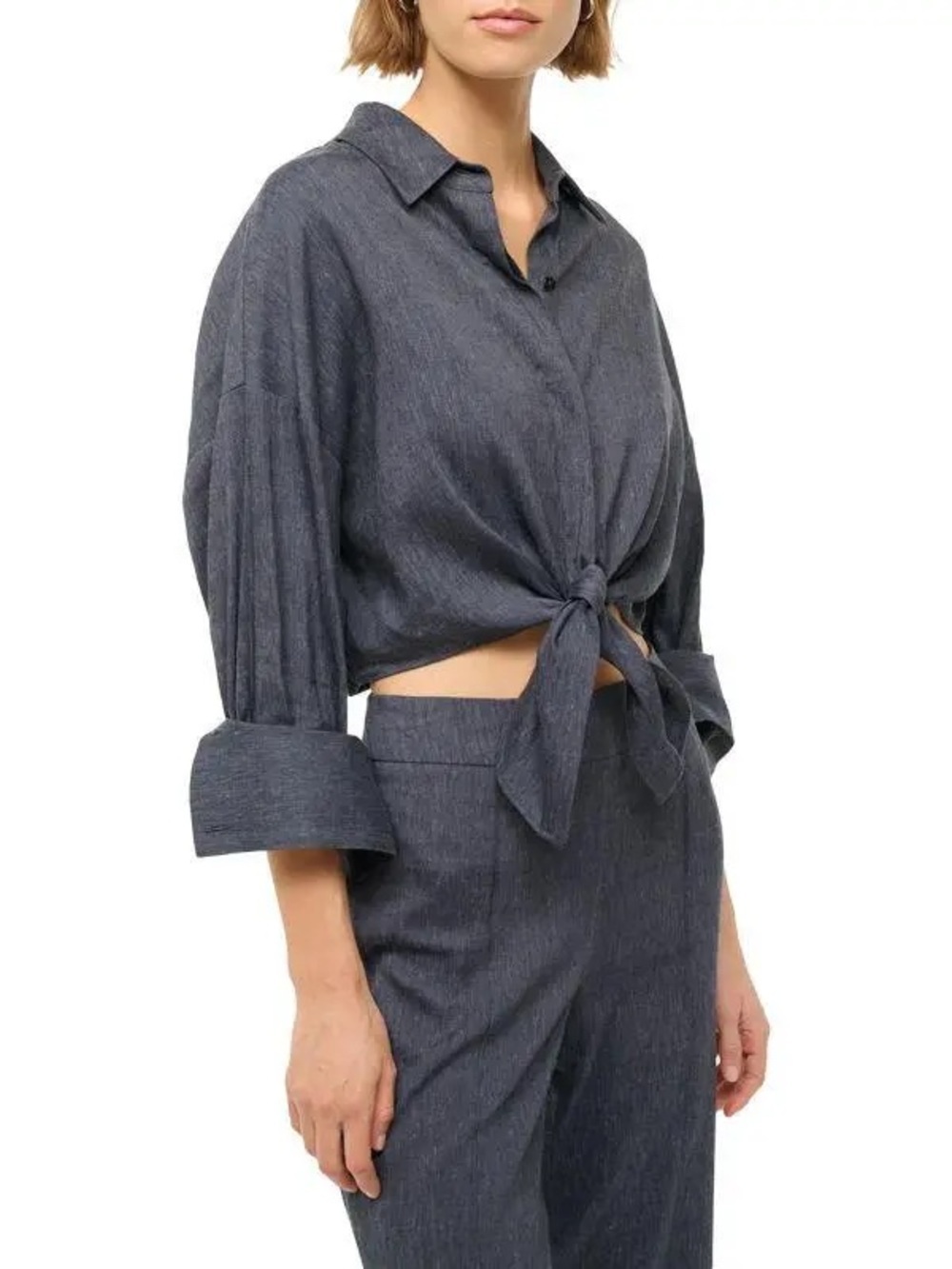 STAUD Lisa Linen Blend Crop Top Charcoal Gray Tie Front Button Up Size XL - Picture 8 of 8